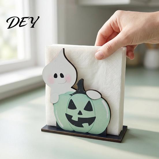 Halloween Party Table Setting Wooden Paper Towel Holder, Vertical Napkin Stand, Retro Dark Style Unique Spooky Souvenir for Home Freestanding