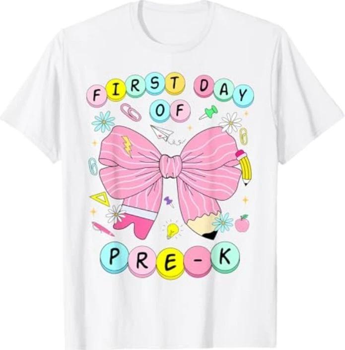 First Day Of Pre-K Girls Coquette Bow Back To School T-Shirt XL