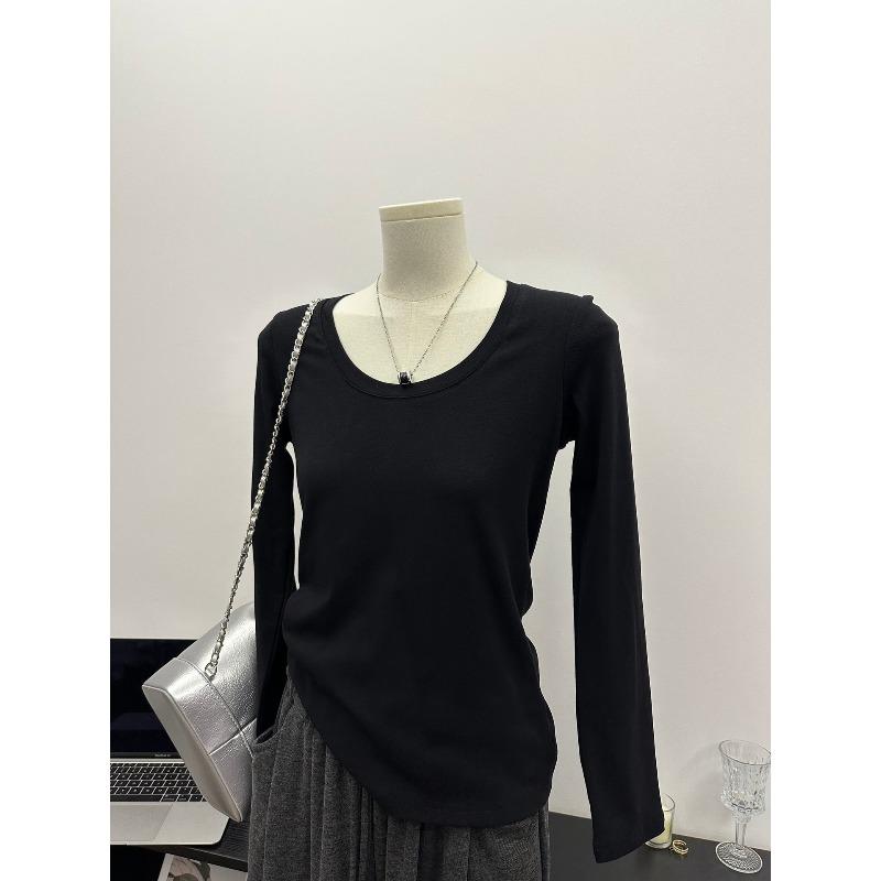 

Simple collar straight shoulder bottoming shirt women s autumn slim and thin white long-sleeved shirt with basic versatile top XL чёрный