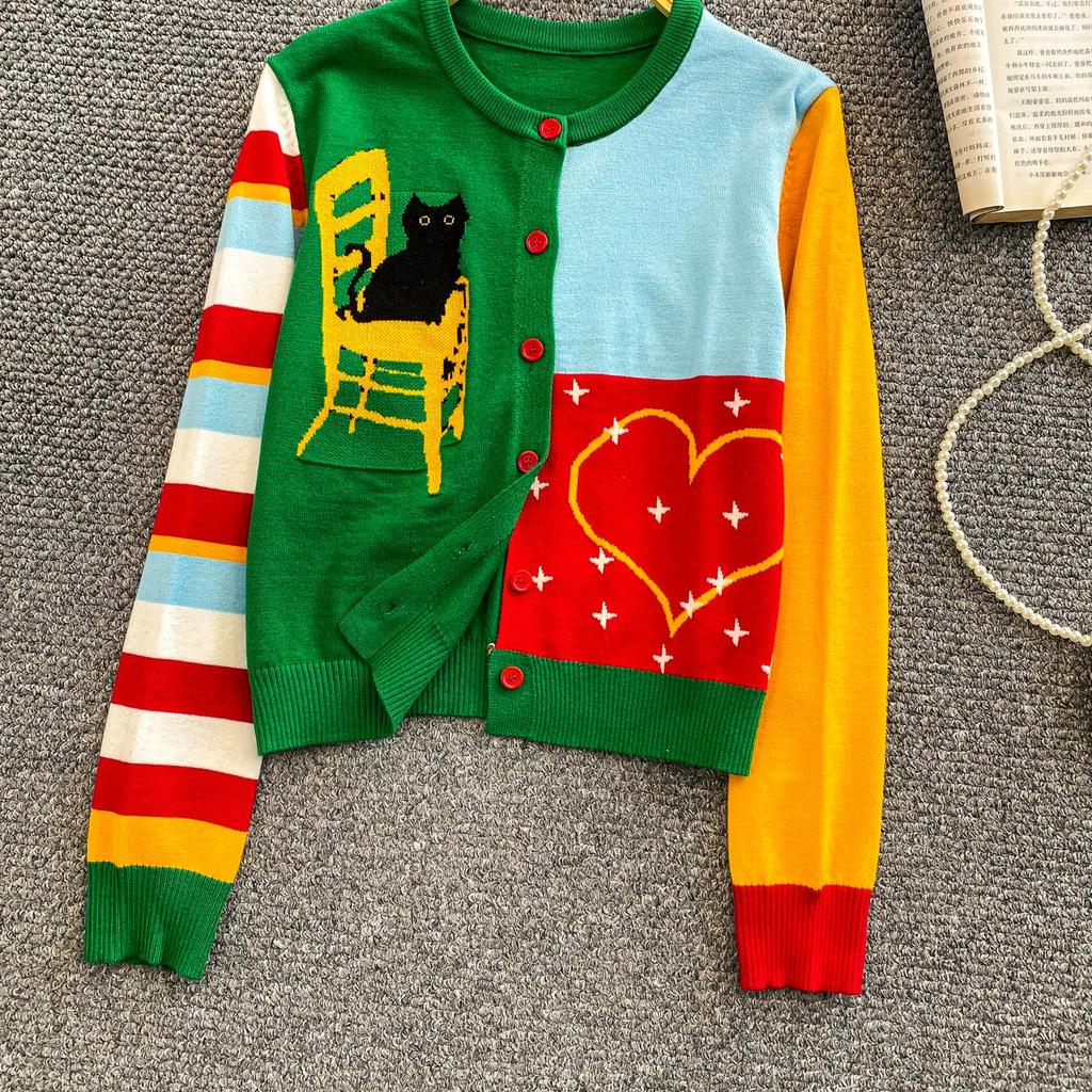 Herbst Winter Damen Damen O-Ausschnitt Cartoon Print Einreihig Gestrickte Pullover Strickjacken Tops für Schülerin