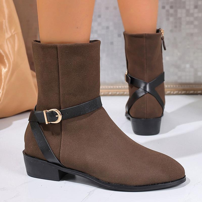Women's Plus Size Vintage Buckle Pointed Toe Chunky Heel Combat Boots – 2025 Fall New Arrival for Fashion-Forward Export Markets