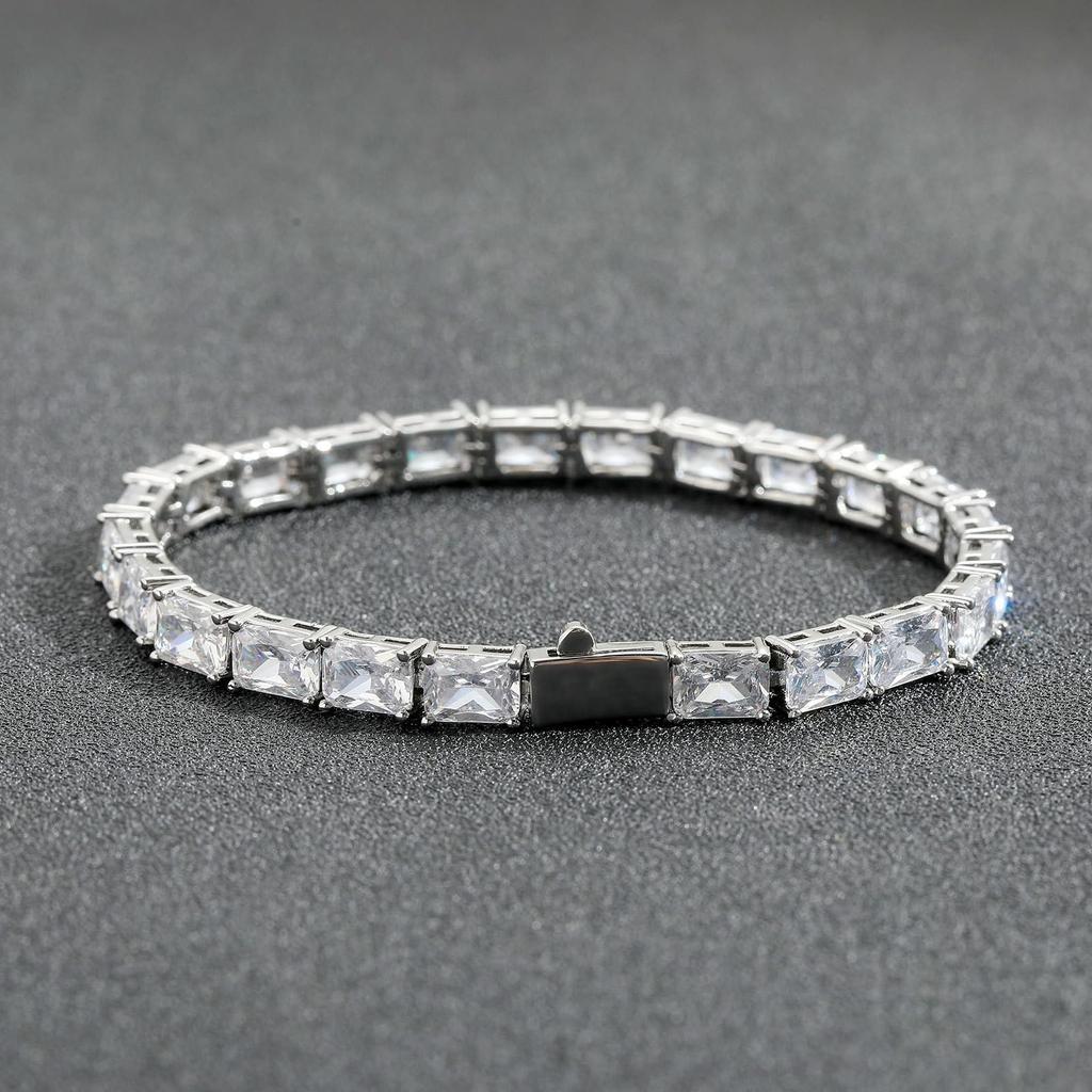 Rockyu Unisex Tennis Chain Bracelet with Cubic Zirconia, Square Cut, Gold and Silver Finish, 5mm Wide, 17.7cm Long, Simple and Sparkling Design, Unise