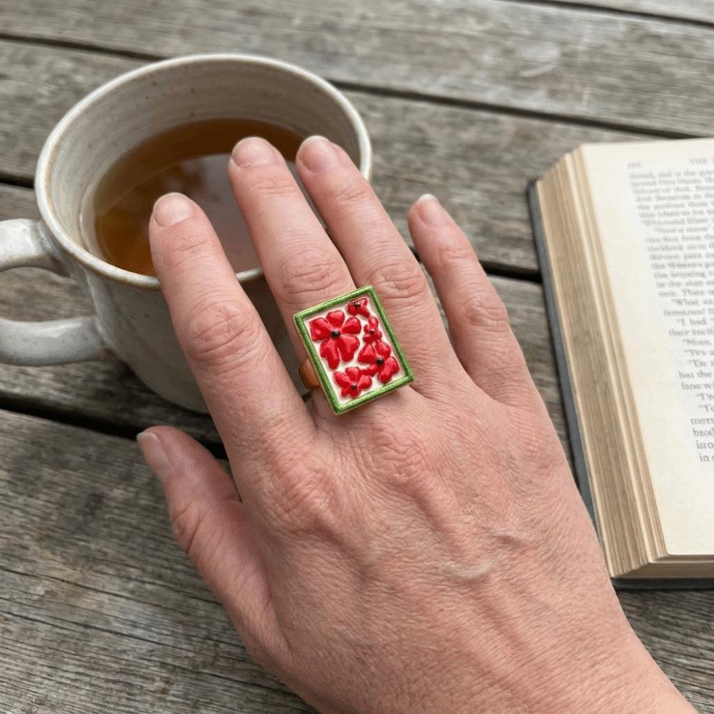 Pomegranate Printing Colorful Enamel Flower Ring Photo Frame Adjustable Size Ethnic Style Ring Enamel Drip Irregular Rotundity