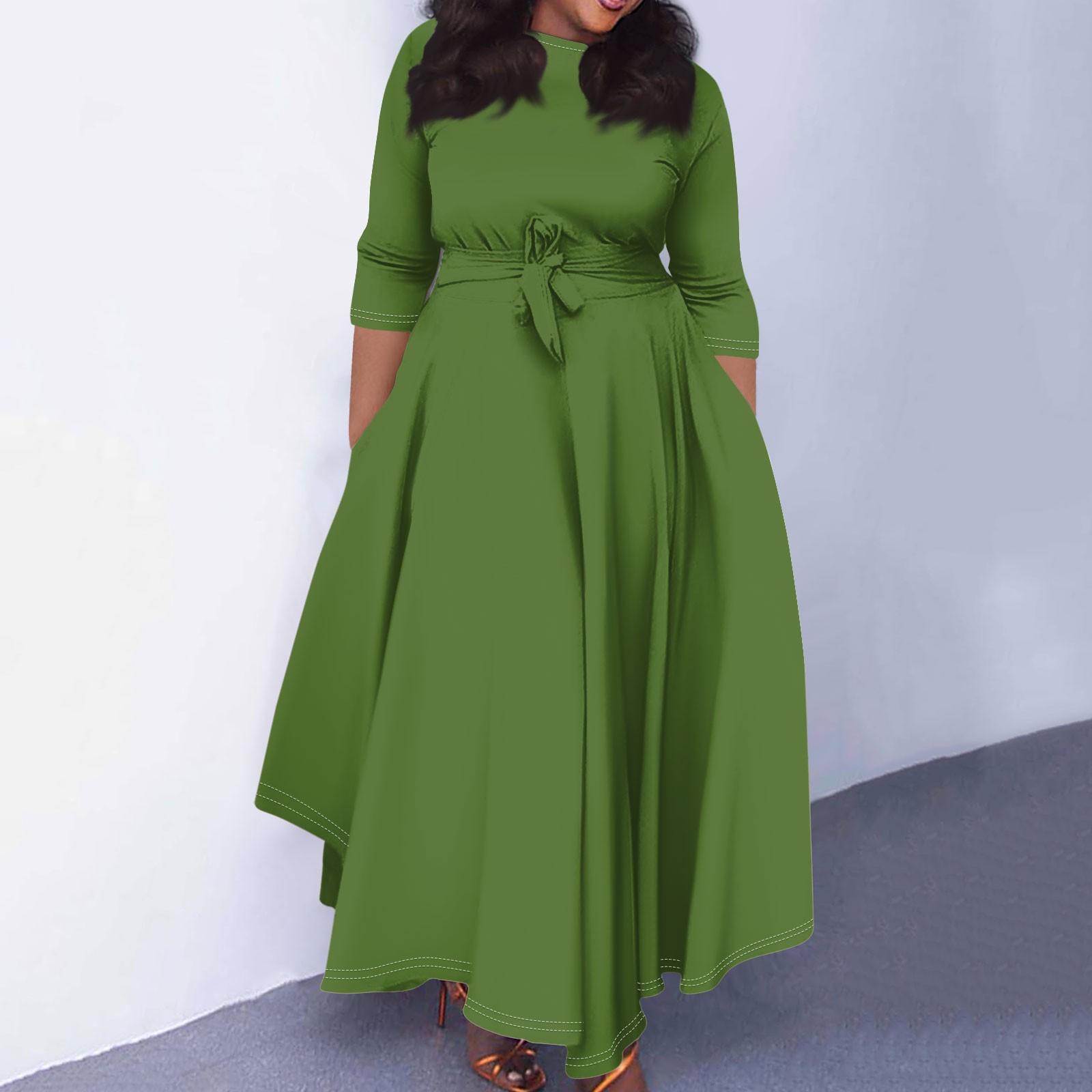 

Женское повседневное модное однотонное свободное платье большого размера с круглым вырезом и рукавами три четверти на карманных бретелях XXXXL зелёный