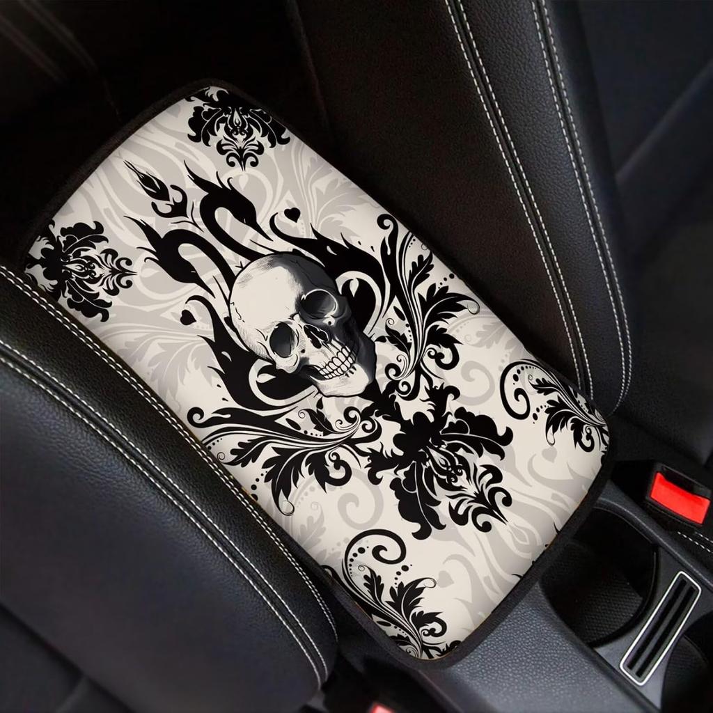 Dreaweet Stylish Spider Web Printed Black Car Center Console Armrest Cushion Cover Pad Soft Car Armrest Seat Box Cover Protector Auto Car Interior