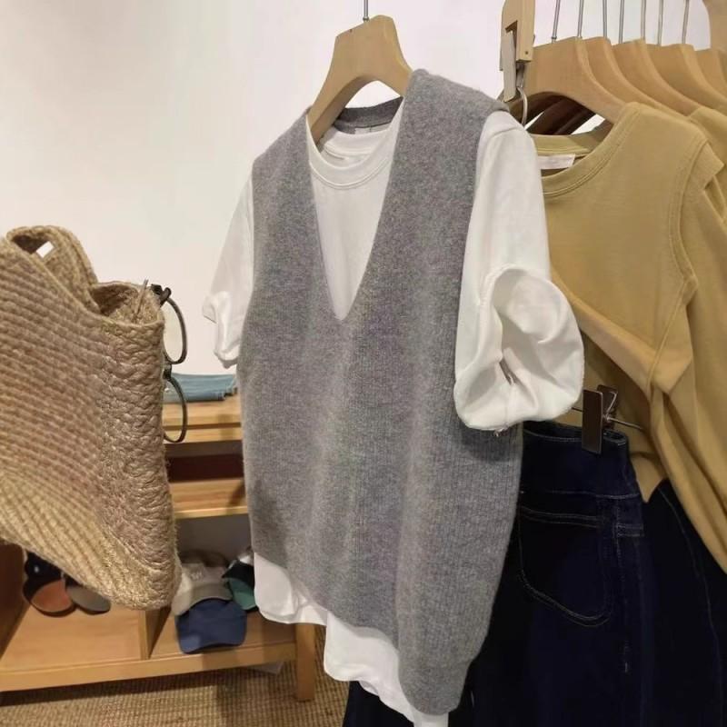 Korean Style 100% Wool V-Neck Knit Vest Women Winter Sleeveless Cardigan Layering