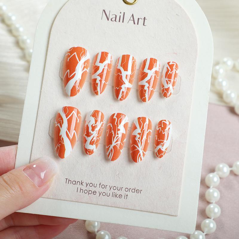 24-Piece High-End Almond Wearable Nails with Orange Lightning Crack Design