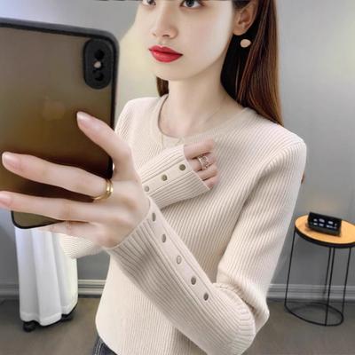 Knitted Bottoming Shirt Women's Inner Fit Spring and Autumn New Slim and Thin Solid Color Round Neck Pullover Sweater Top