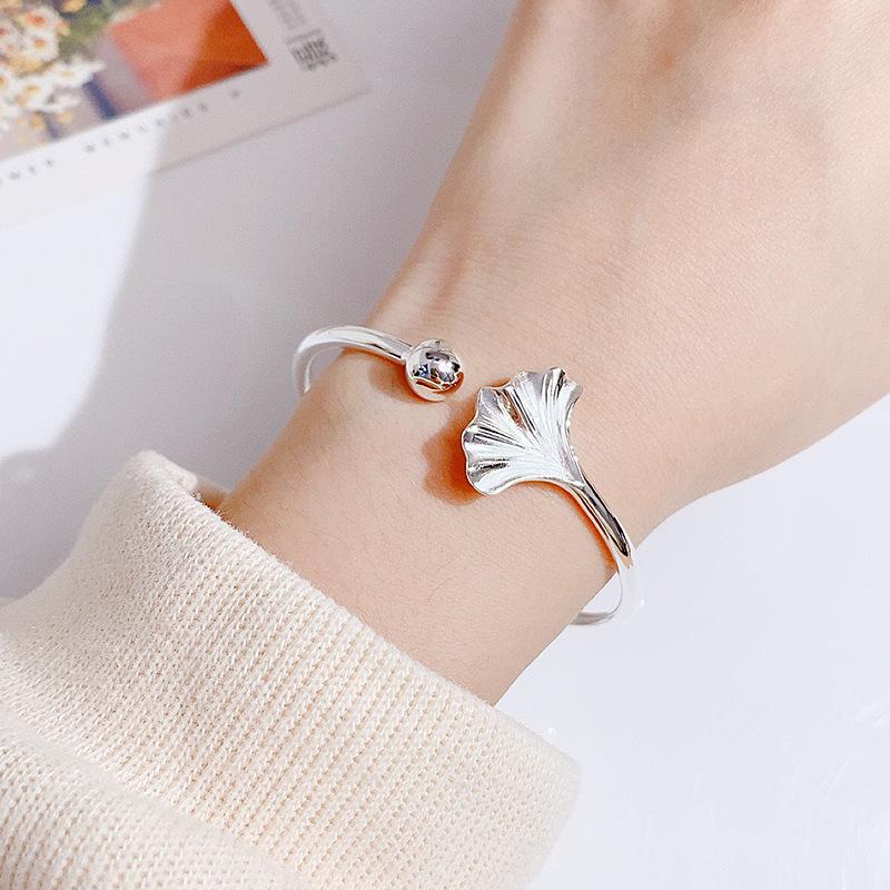 999 Sterling Silver Three Lives One Fate Open Bracelet, Ancient Style, Apricot Leaf Design, Artistic and Simple Women's Gift