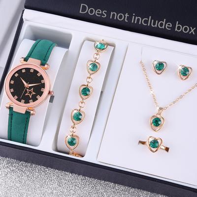 1/5pcs Set New Women Leather Star Rhinestone Girls Watch Quartz Watch Necklace Bracelet Ring Earrings Casual Jewelry Gifts