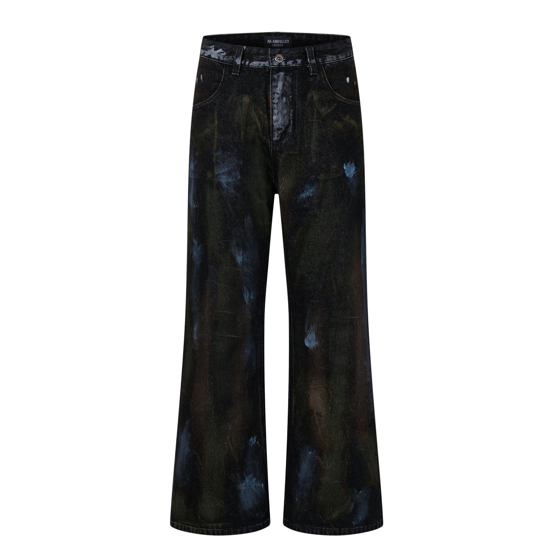Men s autumn American high street RO wind dirty dyed washed jeans vibe slightly pulled trousers S чёрный