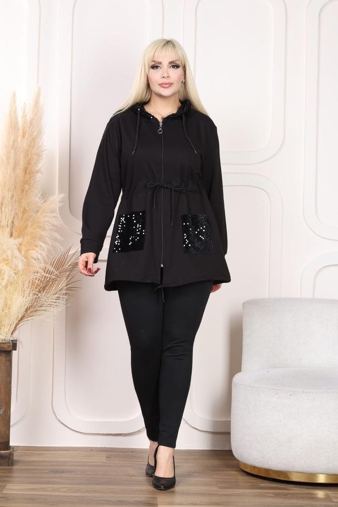 Damen-Sweatshirt in großen Größen, zweifädig, mit Kapuze, Reißverschluss und Pailletten