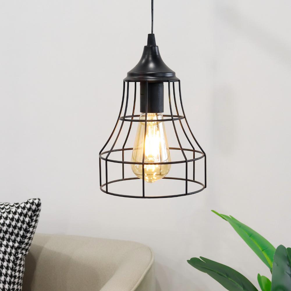 Hanging Lamp Black Battery Powered Decorative Pendant Lamp Metal Cage Battery Lamp with 6 Hours Timer (Geometry)