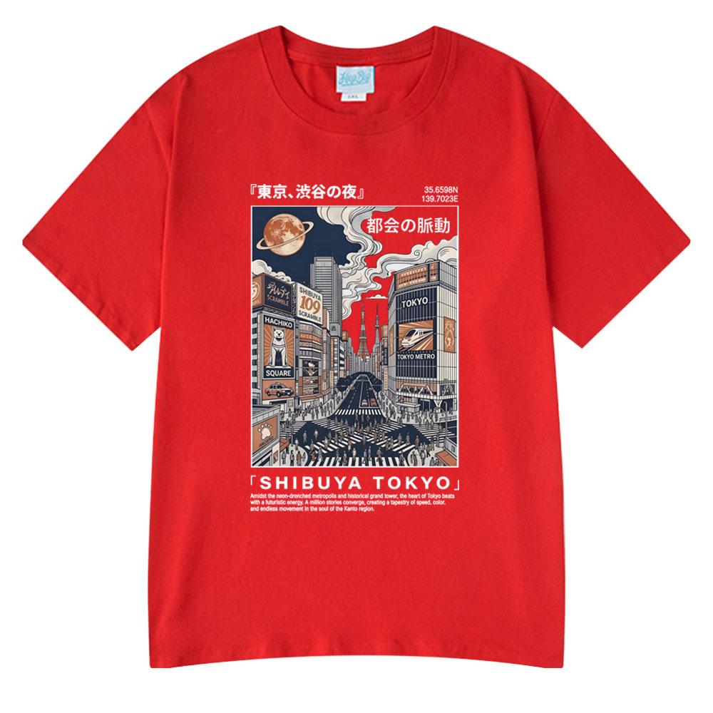 

Shibuya Tokyo Illustration T-shirt Retro Japanese Style Cityscape Print Couple T Shirt Short Sleeve Cotton Tee Oversized TShirts S