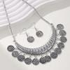 2 Stück/Set Halskette Ohrringe Set Verstellbare Kette Retro Graviertes Muster Münze Quasten Braut Halskette mit Strasssteinen Eingelegt Schmuck Geschenk