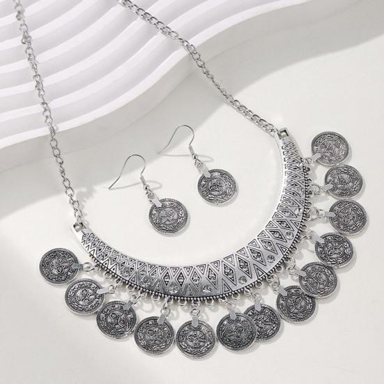 2 Stück/Set Halskette Ohrringe Set Verstellbare Kette Retro Graviertes Muster Münze Quasten Braut Halskette mit Strasssteinen Eingelegt Schmuck Geschenk