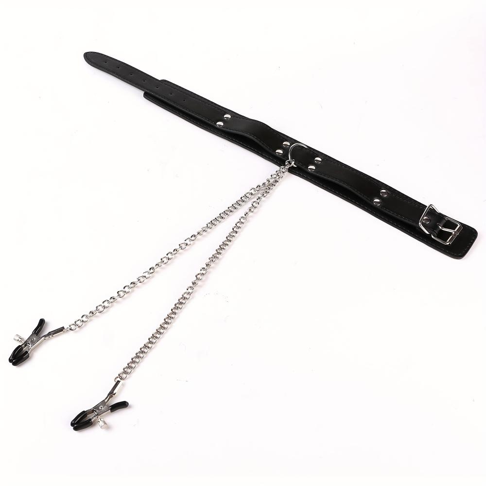 Pu Leather Collar Chain Collar With Nipple Clip BDSM Bondage, adult Sex Toys For Men Women