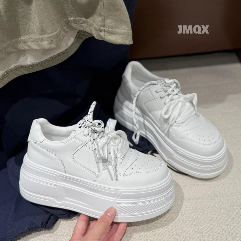 Small height increase muffin shoes women's pair of shoelaces leather little white shoes 2025 autumn new platform sports casual shoes