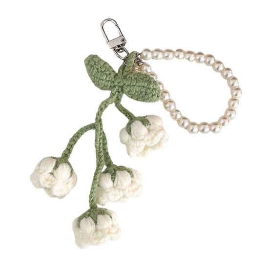 Crochet Flower Keychain Handmade Flower Fruit Bag Charm Cute Keychain Pendant with Faux Pearl Chain Accessory for Girls Women Keys Backpack