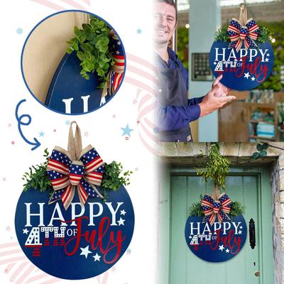 Independence Day Welcome Sign Wooden Plaque Decoration Memorial Day Round Wooden Patriotic Wreath Wall Hanging Outdoor