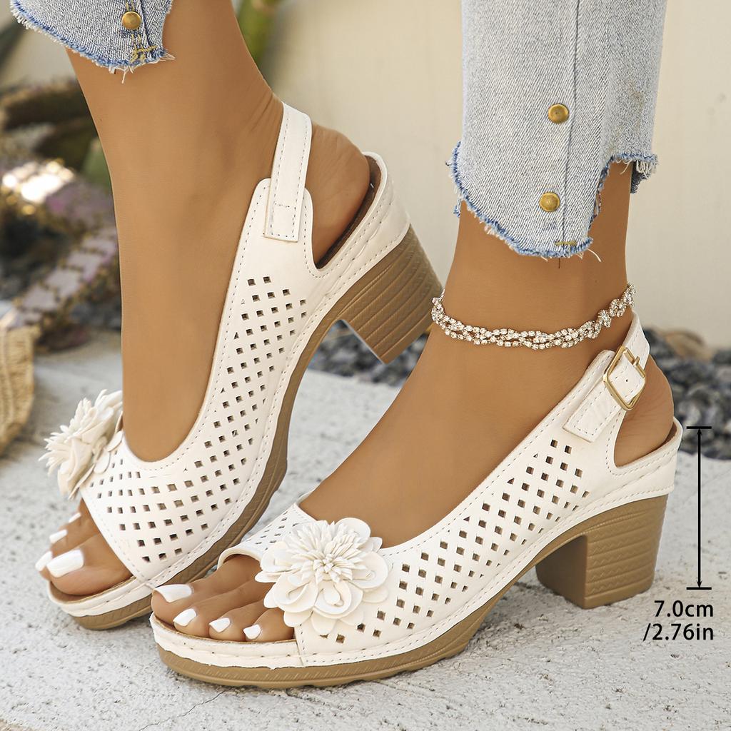 Women's Chunky Heel Sandals Summer Fashion Flower Hollow Beach Shoes Lightweight High Heeled Casual Sandals for Women