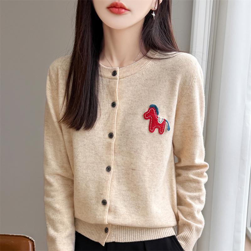 Korean Little Pony Embroidered Round-Neck Red Knit Cardigan: Women's Loose Fit High-End Style Sweater