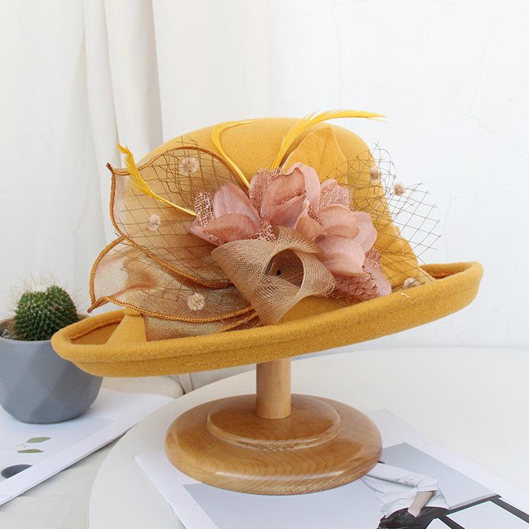 Autumn And Winter Curled Feather Flower Woolen Top Hat Women'S British Retro Casual Bucket Hat Mesh Basin Hat Tide