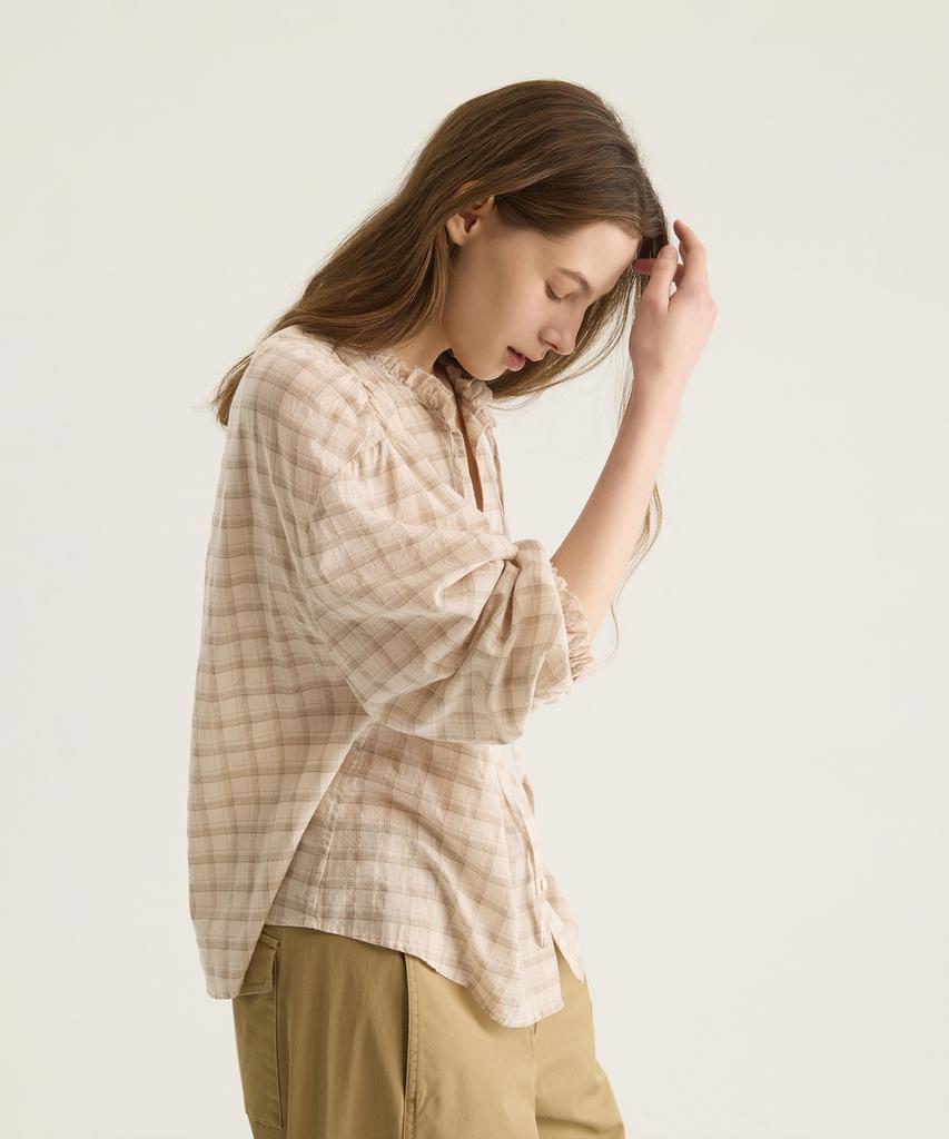 Oteumilkape Check Frill Tie Blouse - Beige