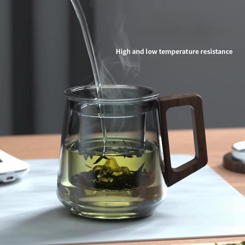 Glass Tea Cup Unique Guanshan Glass Inner Design Tea Filtration Office Walnut Anti-Scald Handle Teacup