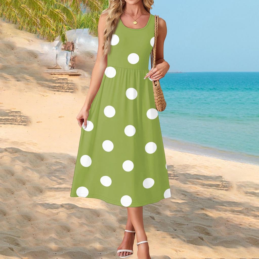 Women's Polka Dot Print Short Sleeve Midi Dress with Pockets for Beach Vacation and Casual Summer Wear