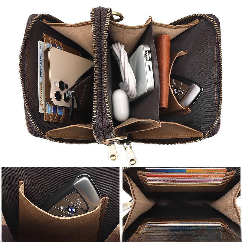 Bolsa de ombro casual masculina de couro retrô - Suporte para celular e pequenos itens essenciais