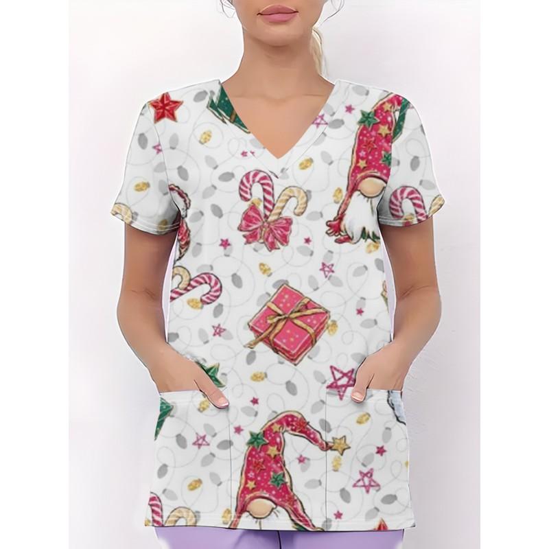 Womens V-Neck Short Sleeve Nursing Scrub Top With 3D Cartoon Print Comfortable Workwear Casual Medical Uniform