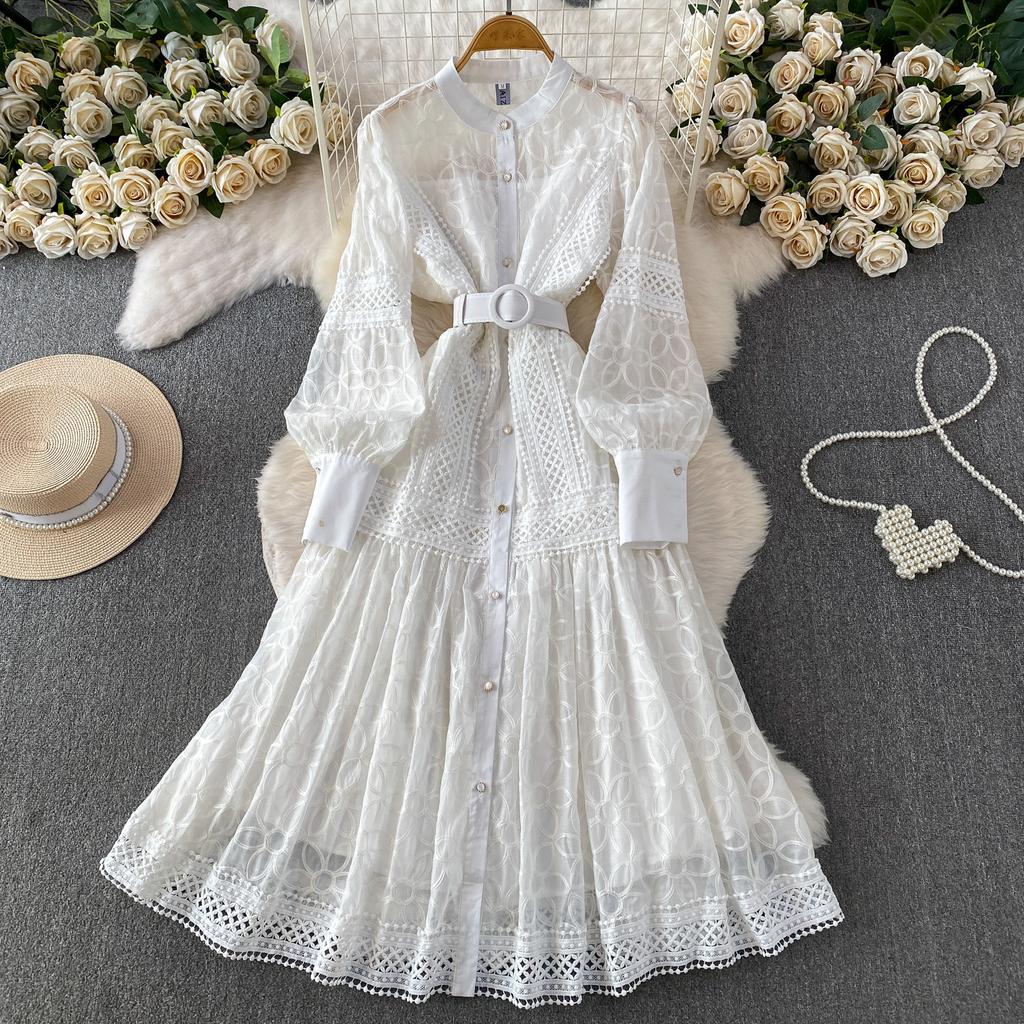 Autumn Elegant Lantern Sleeve Mesh Lace Patchwork Midi Dress for Women Vintage Flower Embroidery Single-breasted Party Dresses with Belt