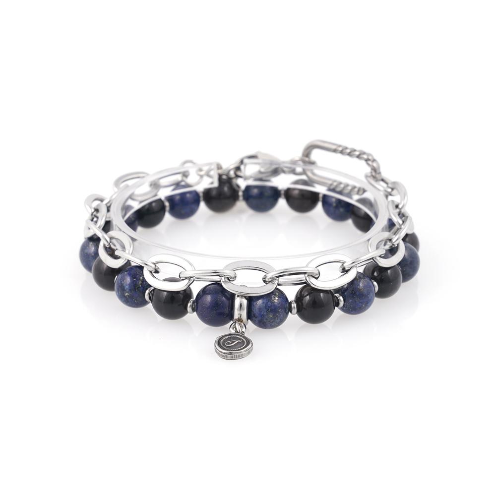 Jbans Classic Screw Ring Point 984 Chain 8 Lapis Lapis, 1185 Obsidian Gemstone Bracelet Set (C2501-Se399_Sv)
