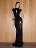 European & American Sexy Hollow Stand Collar High Slit Short Sleeve Long Dress