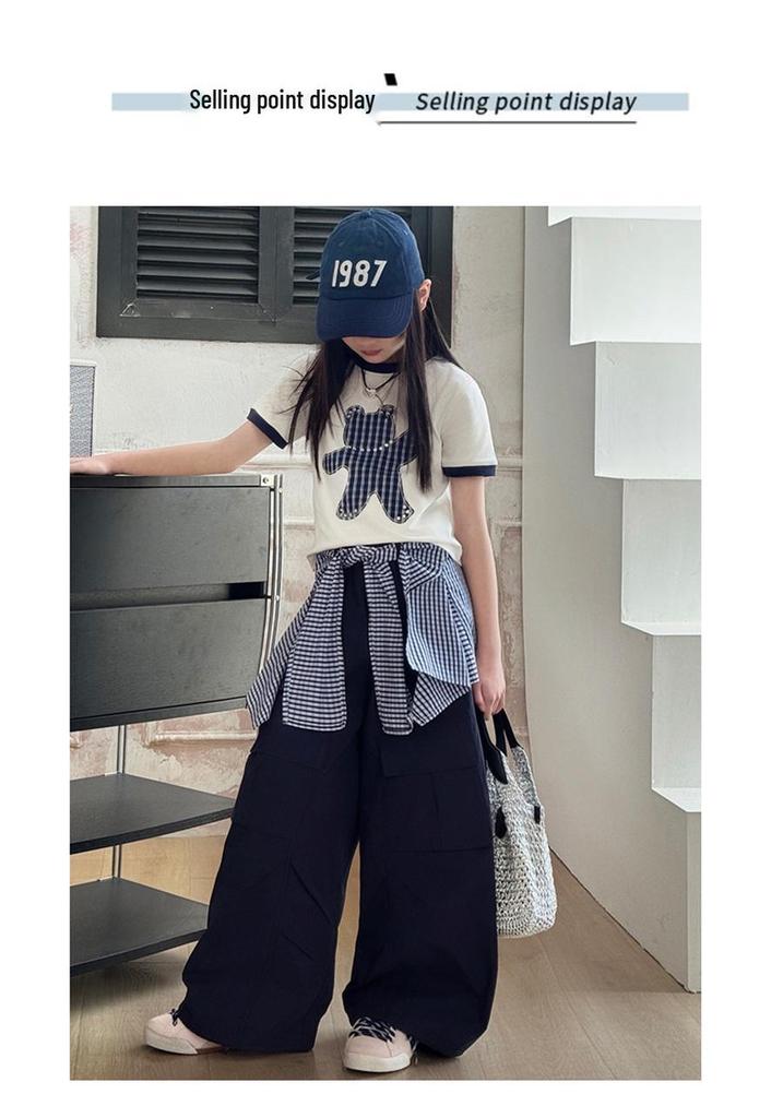 Korean Style Girls' Cartoon T-shirt & Cargo Plaid Bloomers Set - Trendy Summer Outfit