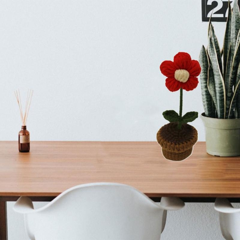 Crochet Heart Shape Flower In Pots Knitted Wool Mini Flower Potted Plant Romantics Ornament for Valentines Day Gift