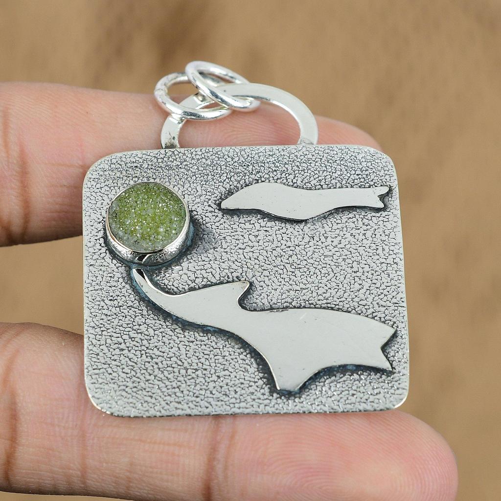 Natural Peridot Druzy Gemstone Pendant 925 Sterling Silver Jewelry For Girls