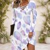 Women White Floral Leaf Printed Criss Cross V Neck Long Sleeve Fitted Curved Hem Dress
