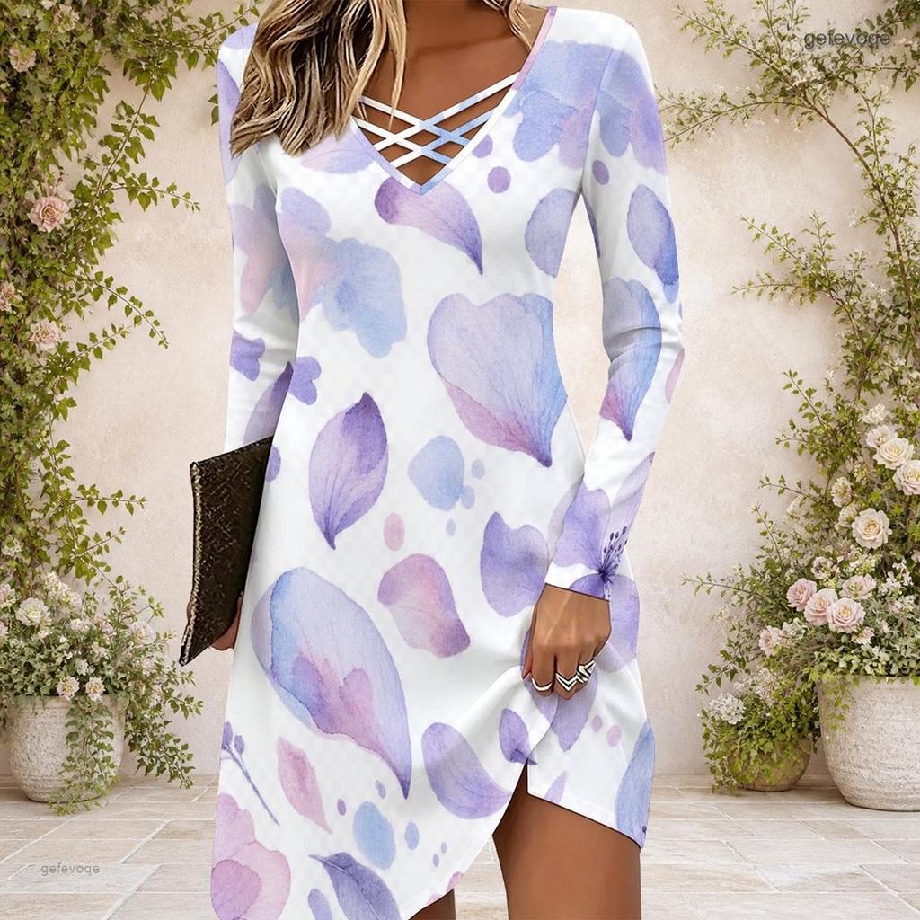 Women White Floral Leaf Printed Criss Cross V Neck Long Sleeve Fitted Curved Hem Dress