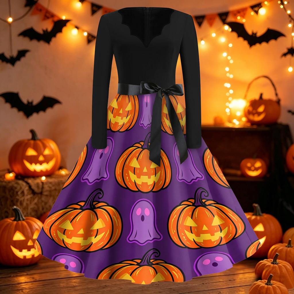 Women Casual Vintage Halloween Dress V Neck Long Sleeve Belted Waist Retro Printed Midi Dress for Autumn and Party