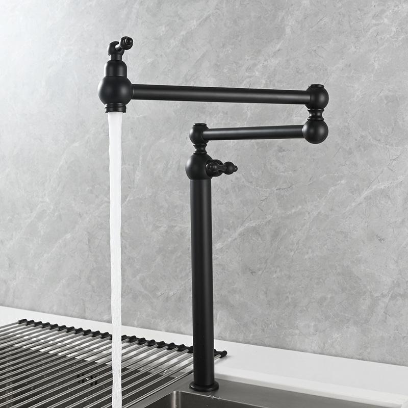 Tuqiu Pot Filler Tap Black Foldable Kitchen Faucet Single Cold Single Hole Sink Tap Rotate Folding Spout Chrome Brass