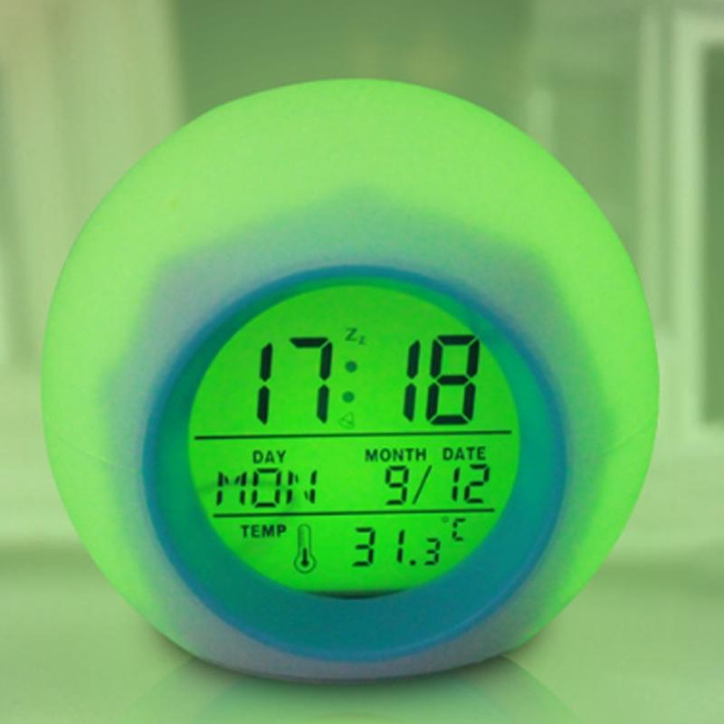Multicolor LED Nightlight Alarm Clock with Calendar Temperature Display Battery Operated Round Shape Bedroom Essential