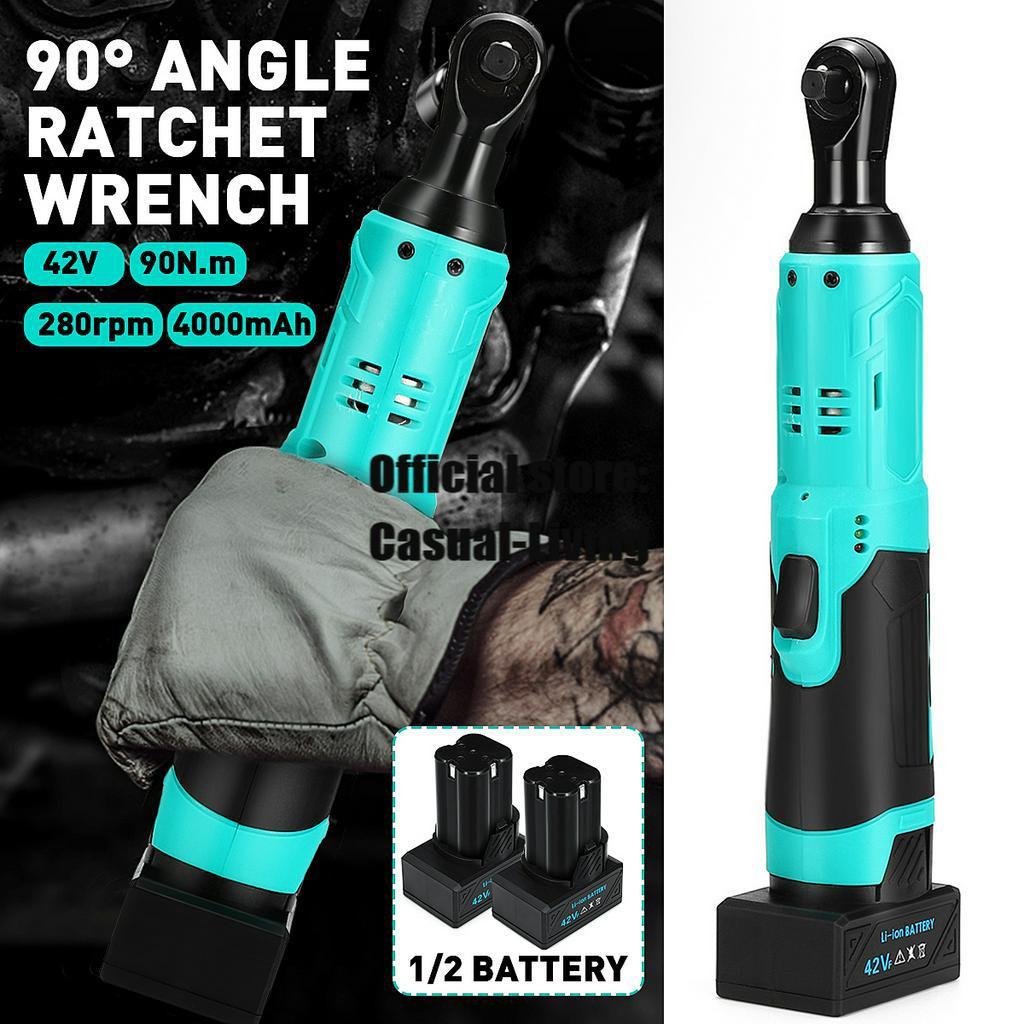 4000mAh 3/8" Electric Wrench Cordless Ratchet Rechargeable Scaffolding 90 N.m Right Angle Wrench Tool + 1/2 Battery Charger Socket Kit