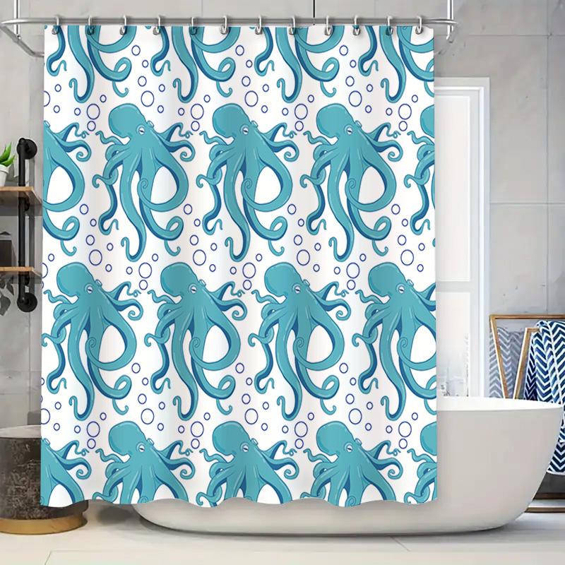 Ocean Blue Octopus Shower Curtain Waterproof Fabric Rectangular Pattern Home Decor Bathroom Accessory Large Size (216x183cm)