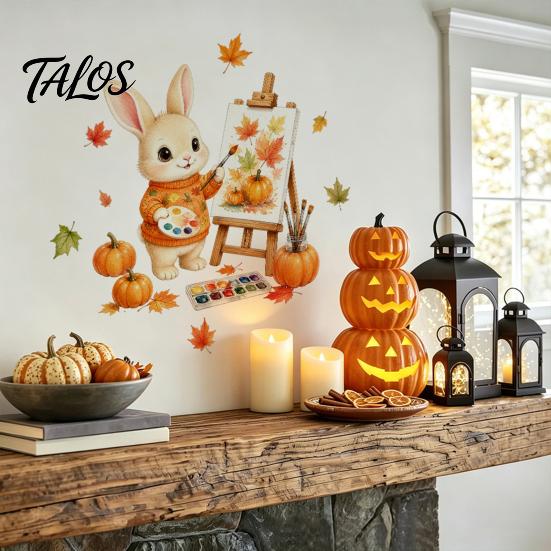 Decorative Cabinet Door Stickers Thanksgiving Fall Wall Stickers, Cute Cartoon Rabbit Squirrel Pumpkin Maple Leaf Decals Environmentally Friendly Art