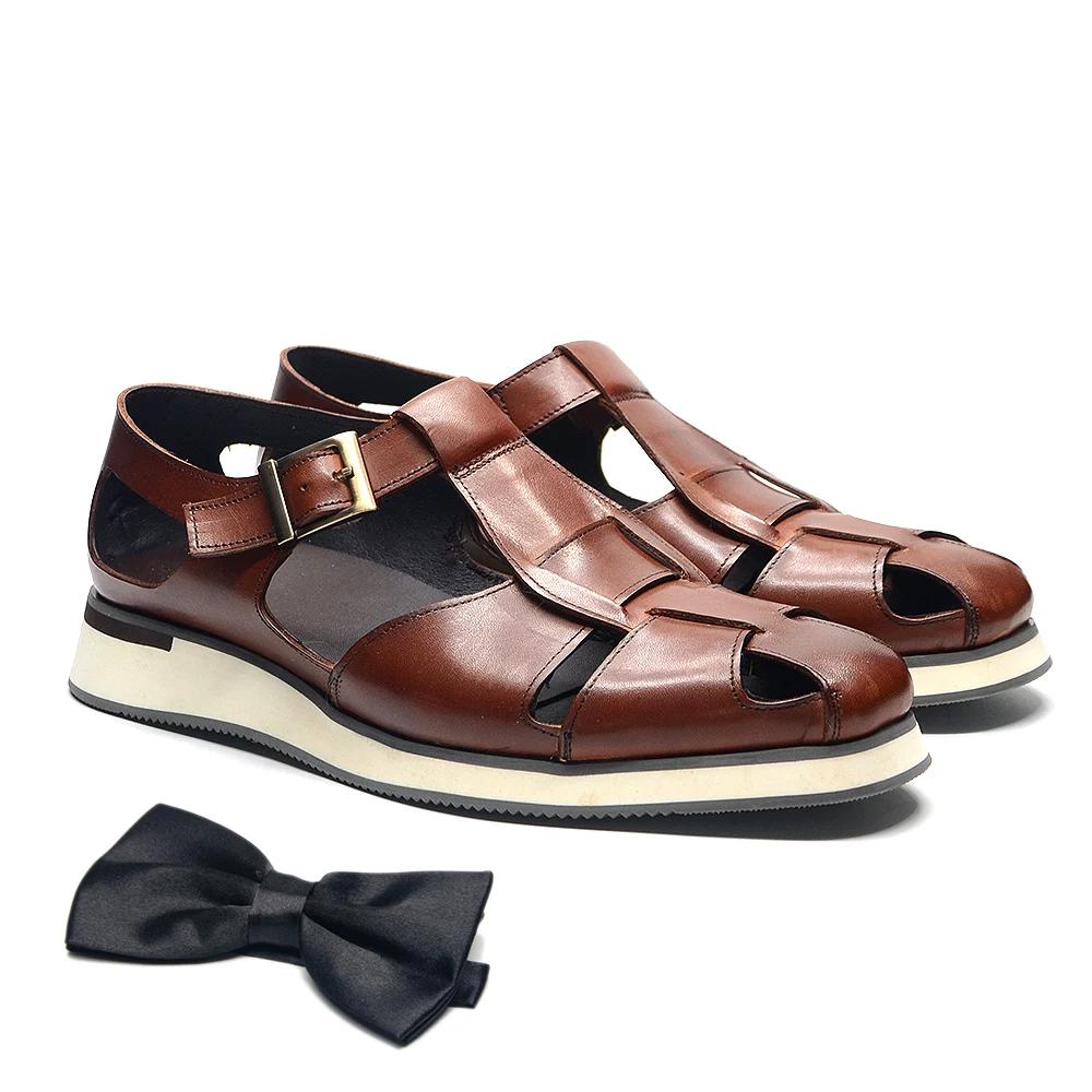 

XEBOS Men s Sandals Genuine Leather Cowhide Summer Outdoor Flat Shoes Casual Sneakers Buckle Strap Black Brown Male Footwear 38