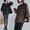 Plus Size Women Lantern Sleeve Pleated Patchwork Sweater Spring Autumn Loose Casual Knitted V-neck Shirt Oversized Tops