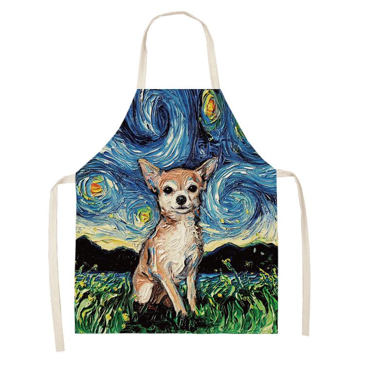 Schürze im Ölgemälde-Stil, Sternenhimmel-Hintergrund, Hund, Leinen, Baumwolle, kreative Eltern-Kind-Schürze, Familienküche