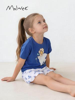 Malwee Girls' European & American Summer Two-Piece Set: Cute Round Neck Short Sleeve for Girls